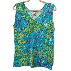 J Marco Linen Top Womens‎ M Floral Sleeveless V Neck Summer Beach Coastal